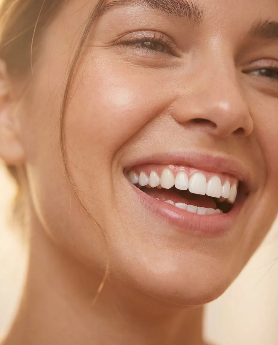 Close-up of a bright, flawless white smile after cosmetic dental work