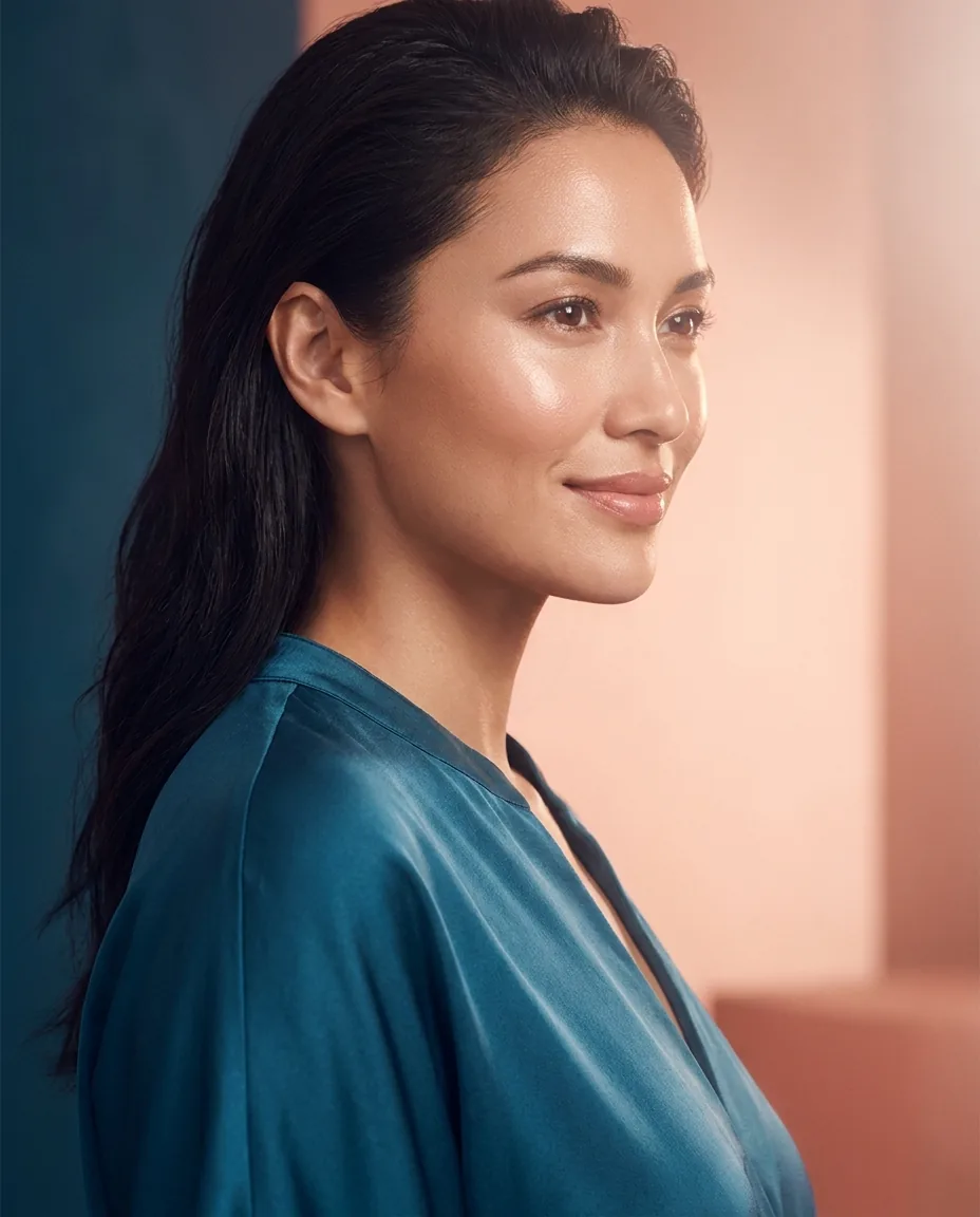 Elegant profile of a woman with a refined, natural nose after rhinoplasty
